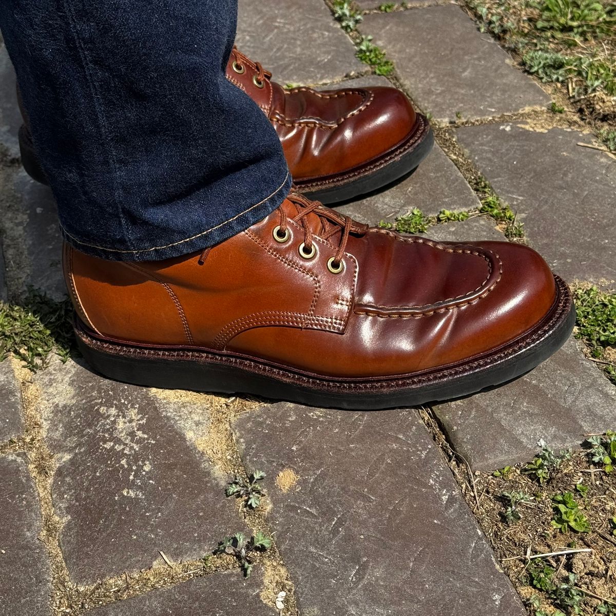 Photo by have.boots.will.travel on March 26, 2026 of the Grant Stone Brass Boot in Horween Honey Glazed Shell Cordovan.