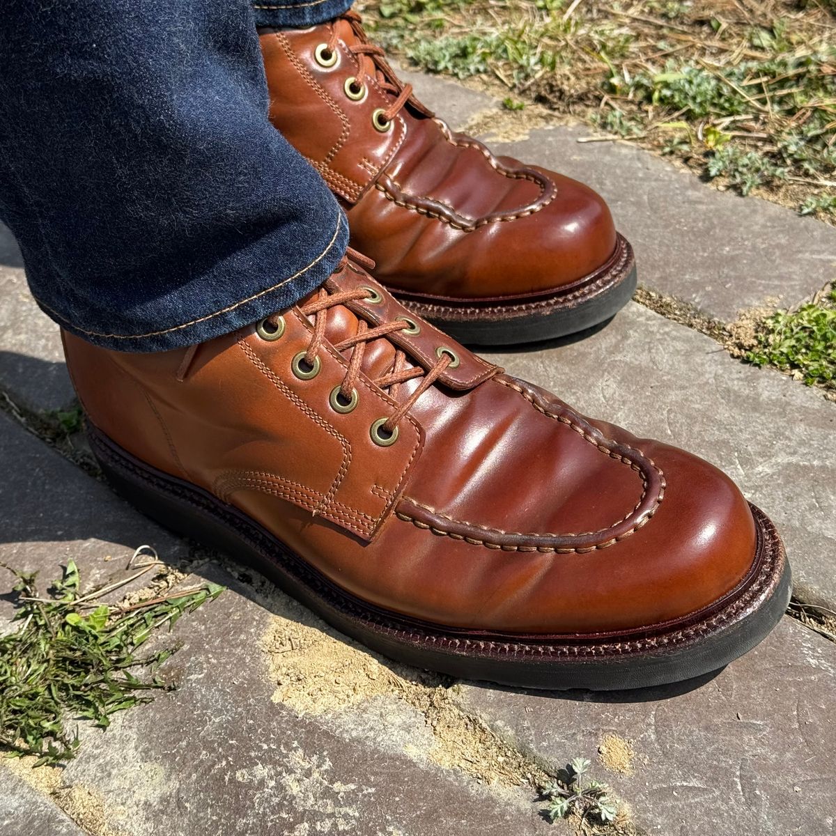 Photo by have.boots.will.travel on March 26, 2026 of the Grant Stone Brass Boot in Horween Honey Glazed Shell Cordovan.