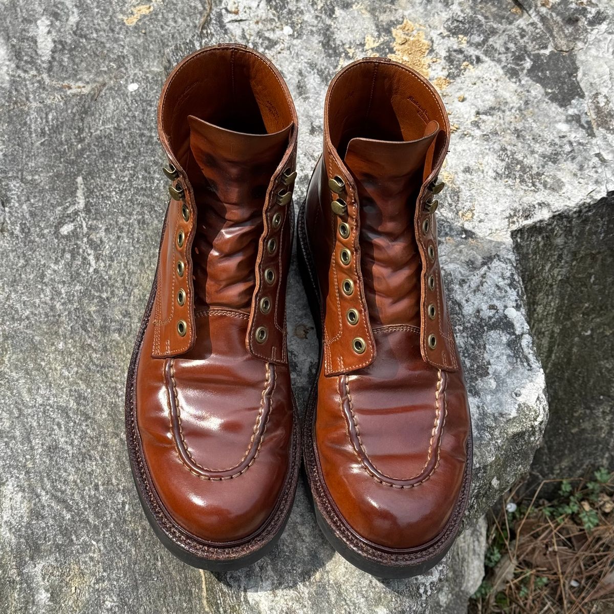 Photo by have.boots.will.travel on March 29, 2026 of the Grant Stone Brass Boot in Horween Honey Glazed Shell Cordovan.