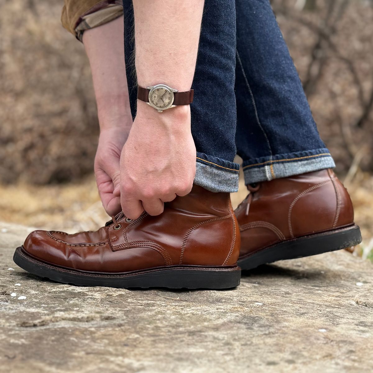 Photo by have.boots.will.travel on March 29, 2026 of the Grant Stone Brass Boot in Horween Honey Glazed Shell Cordovan.