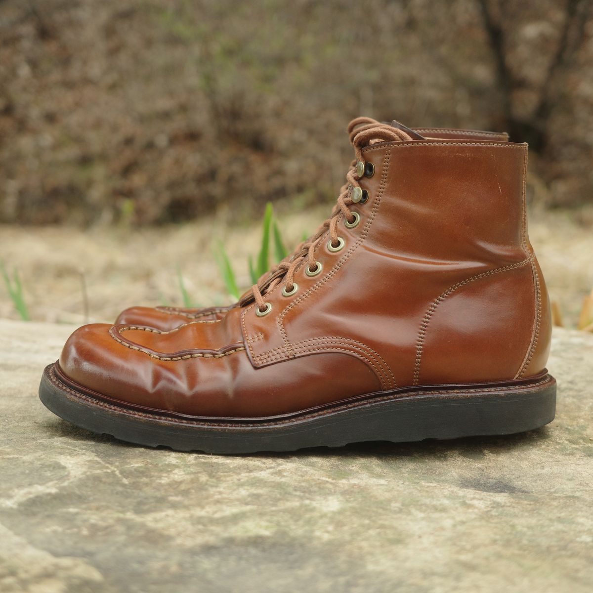 Photo by have.boots.will.travel on April 4, 2026 of the Grant Stone Brass Boot in Horween Honey Glazed Shell Cordovan.