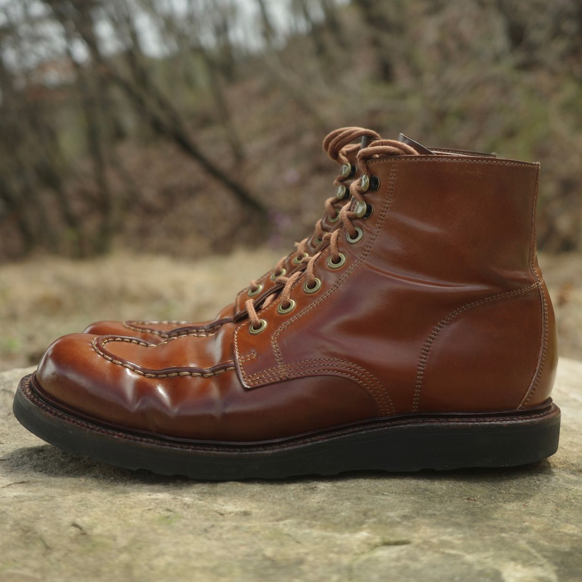 Photo by have.boots.will.travel on April 4, 2026 of the Grant Stone Brass Boot in Horween Honey Glazed Shell Cordovan.
