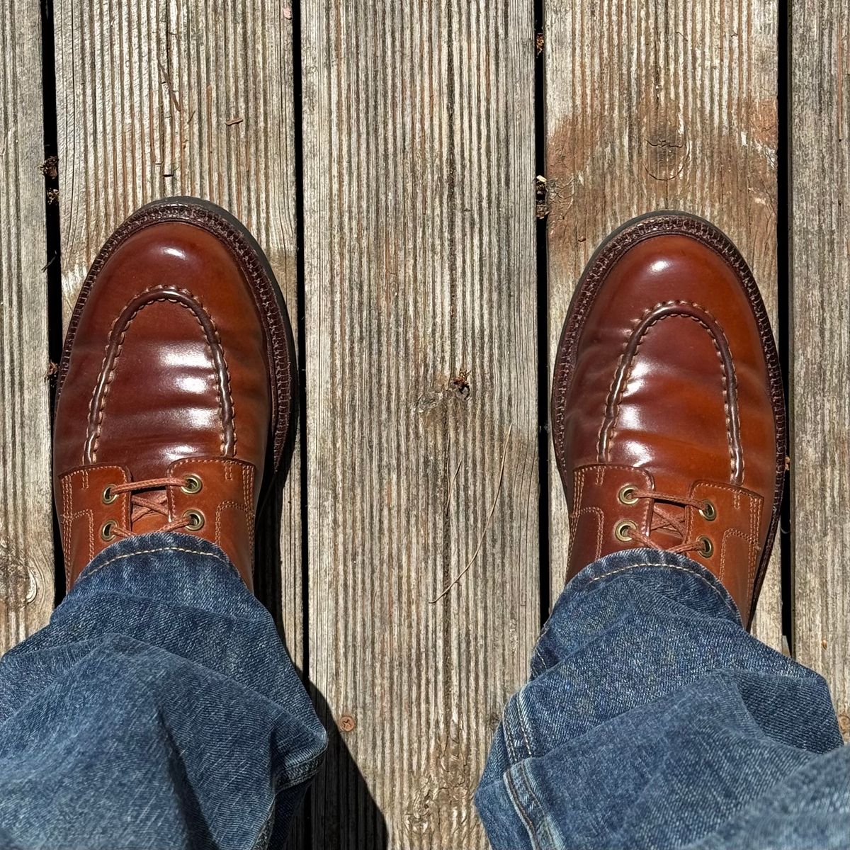 Photo by have.boots.will.travel on April 21, 2026 of the Grant Stone Brass Boot in Horween Honey Glazed Shell Cordovan.