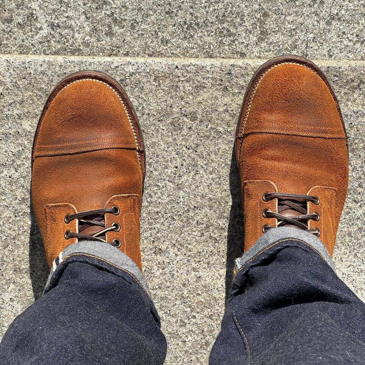 Photo by have.boots.will.travel on December 4, 2024 of the Viberg Service Boot PCT in Horween Golden Brown Predator Roughout.