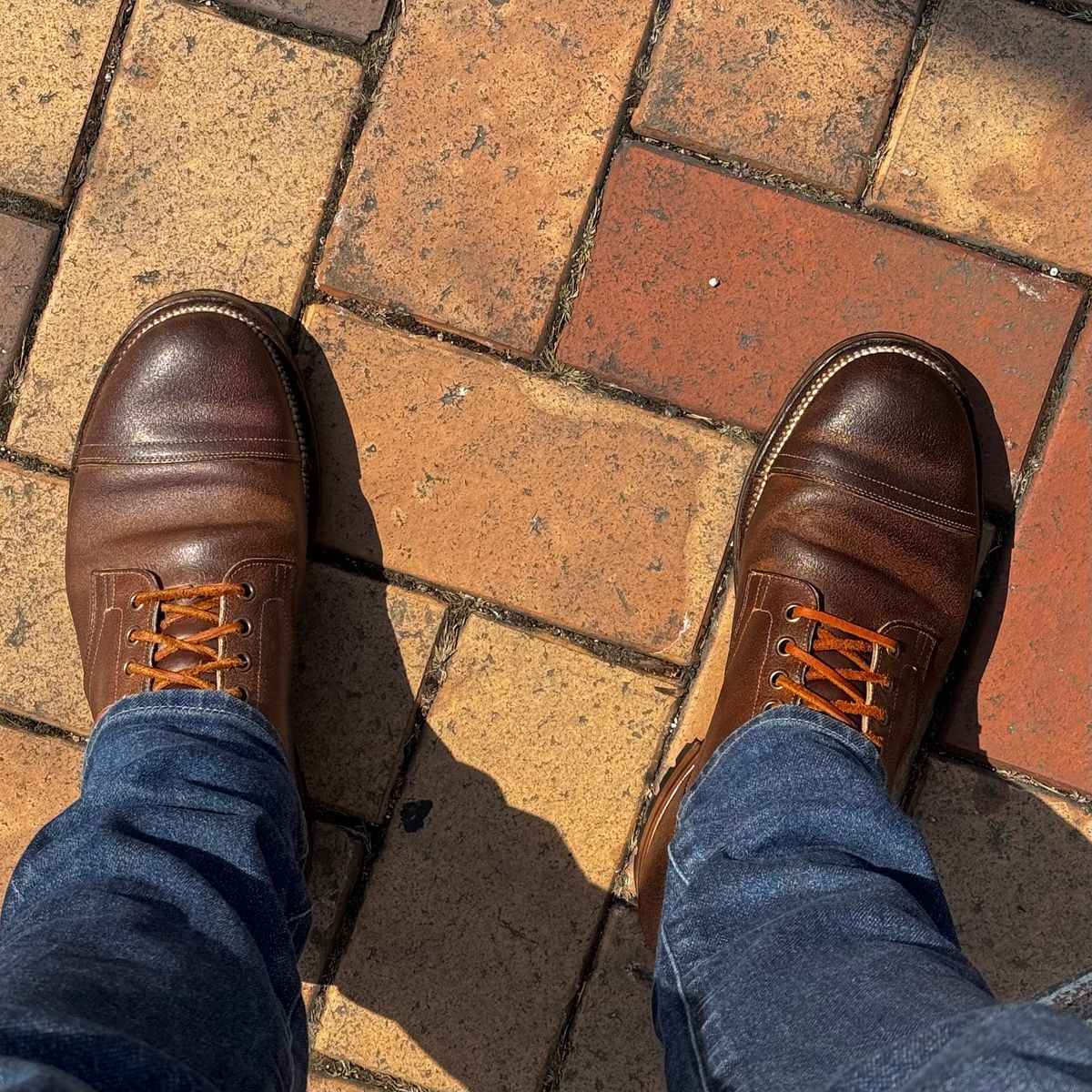 Photo by have.boots.will.travel on April 8, 2025 of the Viberg Service Boot PCT in Horween Golden Brown Predator Roughout.
