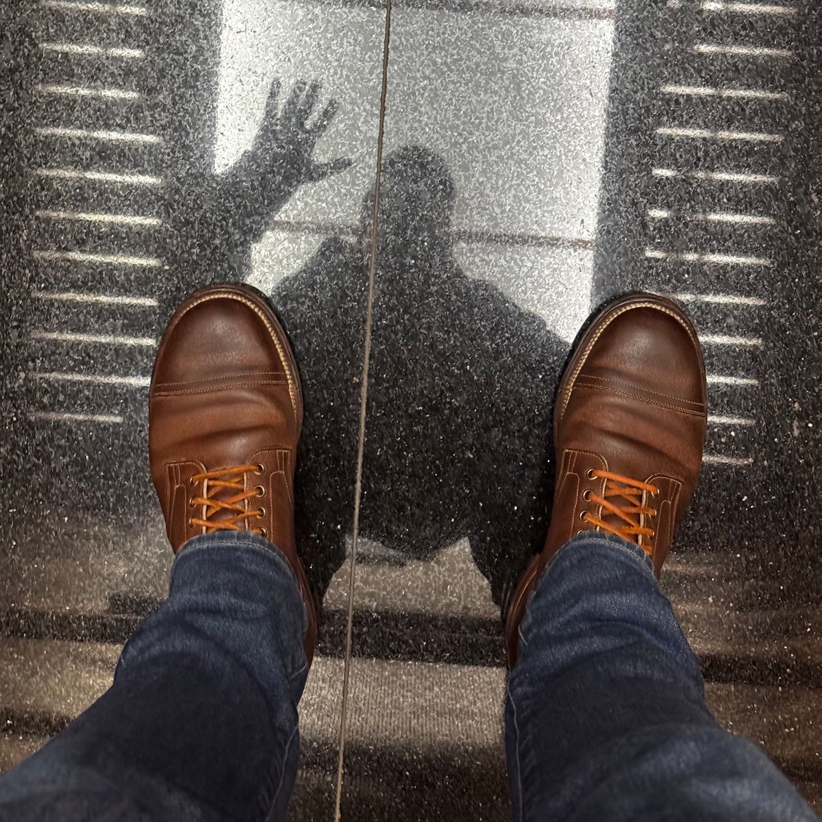 Photo by have.boots.will.travel on April 8, 2025 of the Viberg Service Boot PCT in Horween Golden Brown Predator Roughout.