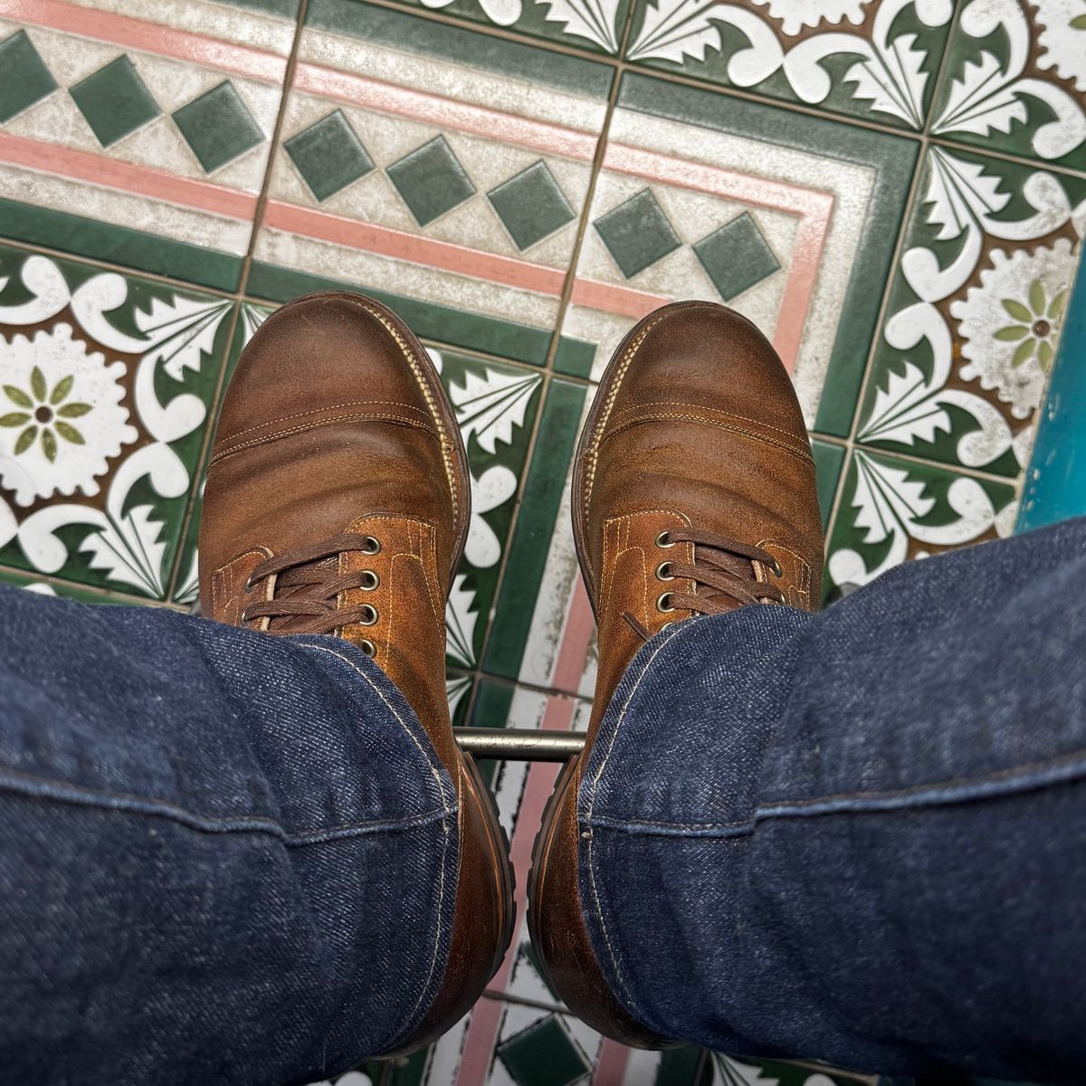 Photo by have.boots.will.travel on June 19, 2025 of the Viberg Service Boot PCT in Horween Golden Brown Predator Roughout.