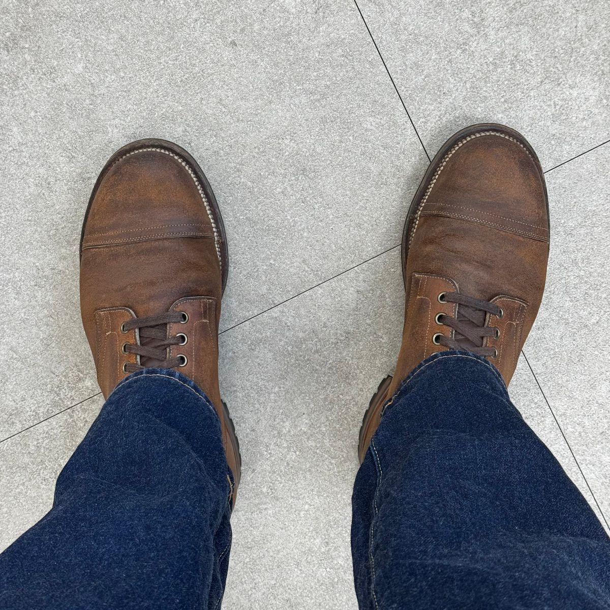 Photo by have.boots.will.travel on November 17, 2025 of the Viberg Service Boot PCT in Horween Golden Brown Predator Roughout.