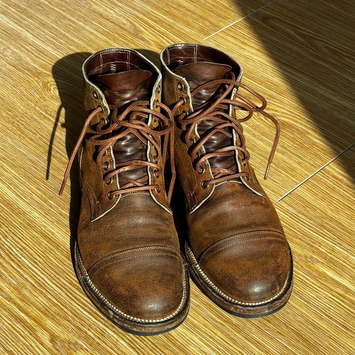 Photo by have.boots.will.travel on February 2, 2026 of the Viberg Service Boot PCT in Horween Golden Brown Predator Roughout.