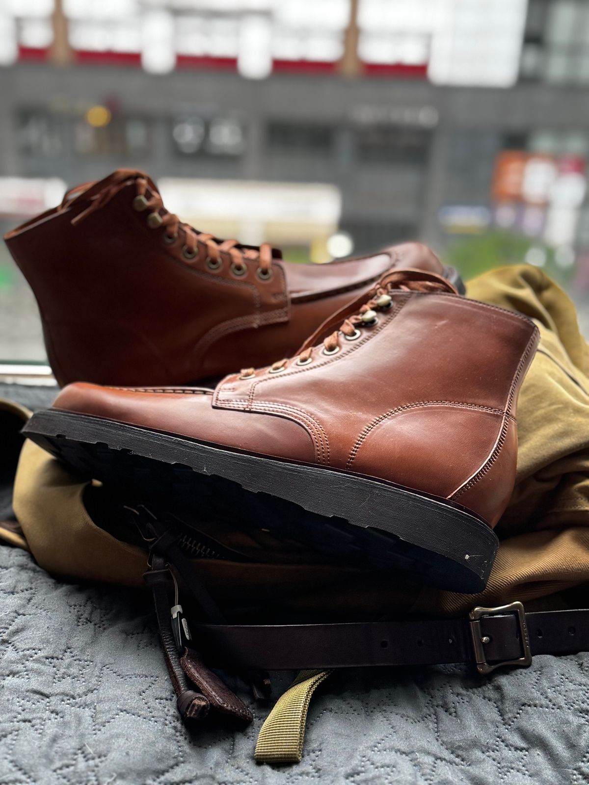Photo by have.boots.will.travel on June 21, 2025 of the Grant Stone Brass Boot in Horween Honey Glazed Shell Cordovan.