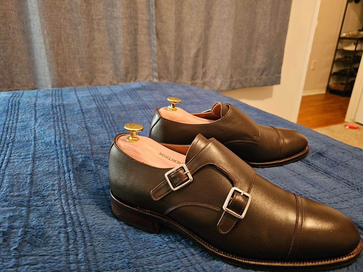 Photo by AspiringNormie on October 4, 2023 of the Meermin Double Monkstrap in Du Puy Dark Brown Country Calf.