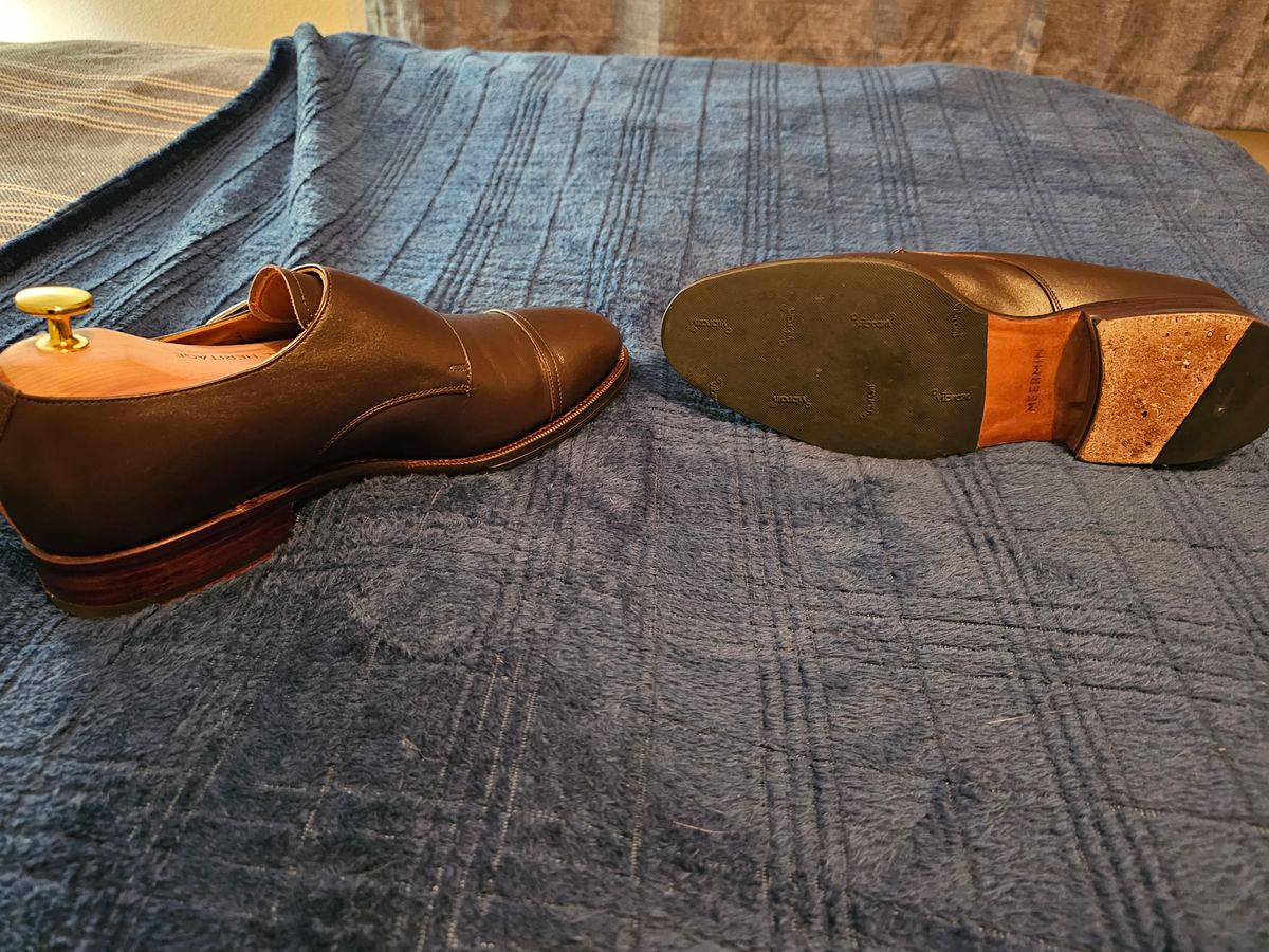Photo by AspiringNormie on October 4, 2023 of the Meermin Double Monkstrap in Du Puy Dark Brown Country Calf.