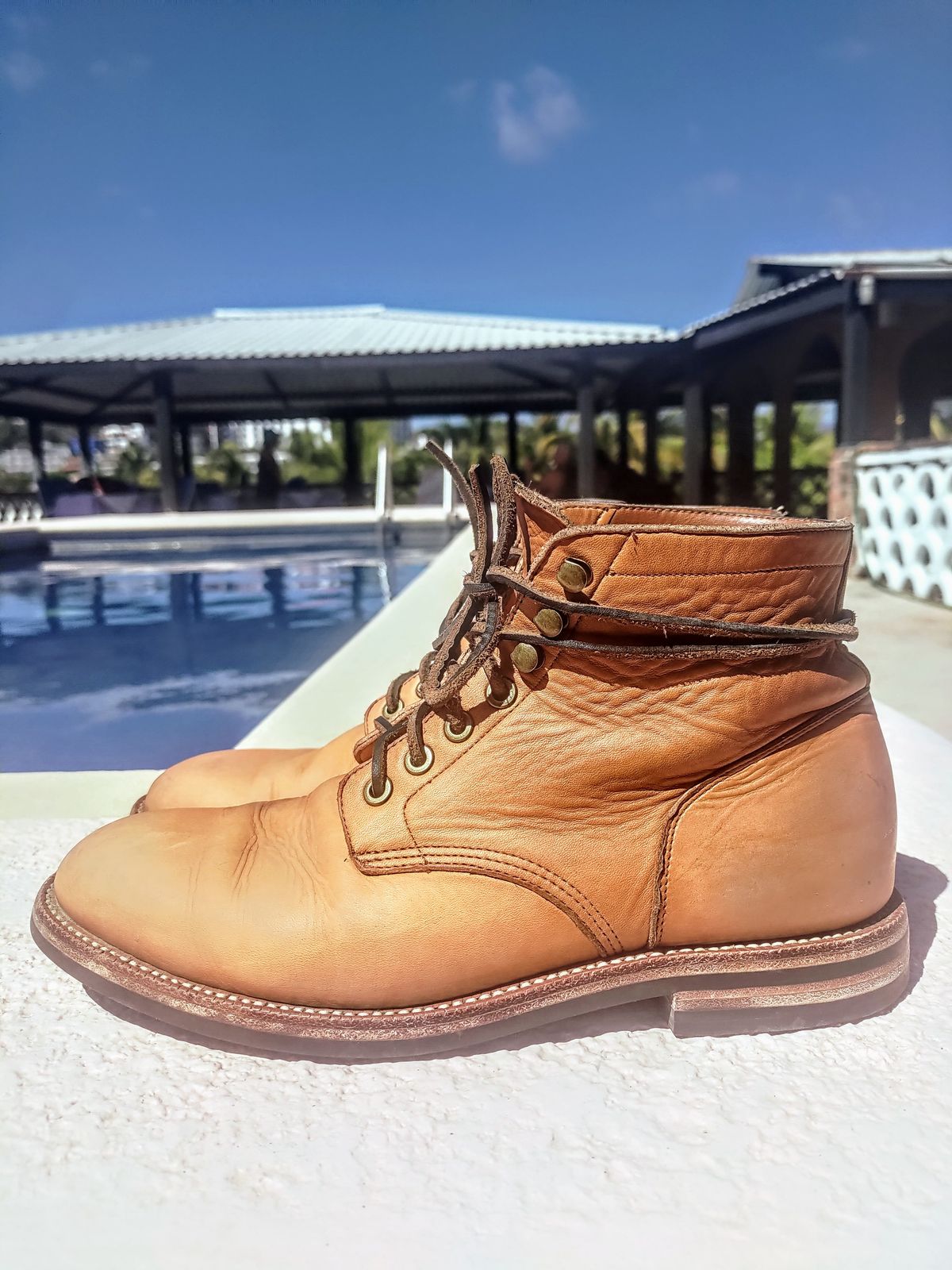 Photo by stephankarolat on February 4, 2023 of the Grant Stone Diesel Boot in Horween English Tan Essex.