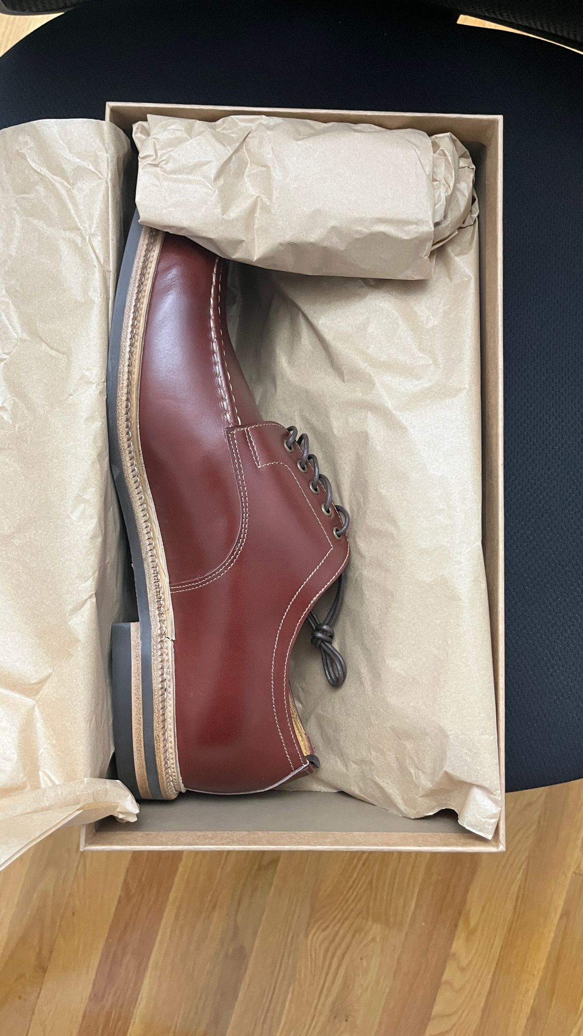 Photo by BigBadWolf on February 22, 2024 of the Meermin Split Toe Derby in Du Puy Burgundy Box Calf.