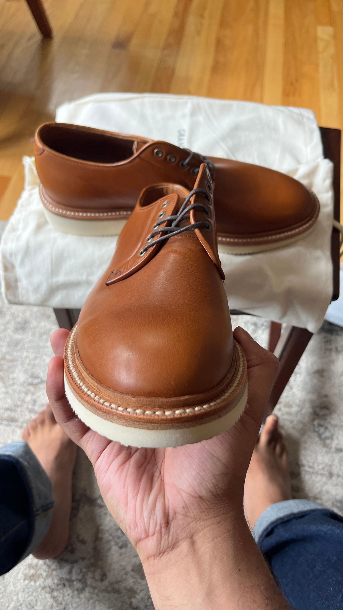 Photo by BigBadWolf on September 7, 2024 of the Grant Stone Plain Toe Blucher in Badalassi Carlo Saddle Tan Minerva.