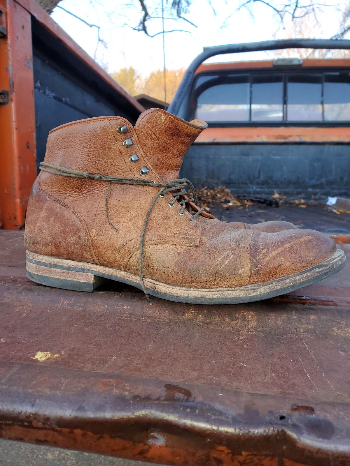 Photo by patinathunderdome on December 1, 2021 of the Viberg Service Boot in C.F. Stead Snuff Shrunken Kudu.