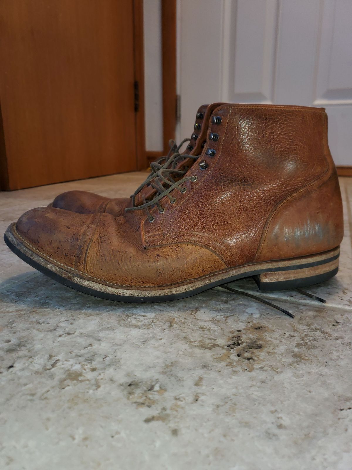 Photo by patinathunderdome on January 2, 2022 of the Viberg Service Boot in C.F. Stead Snuff Shrunken Kudu.