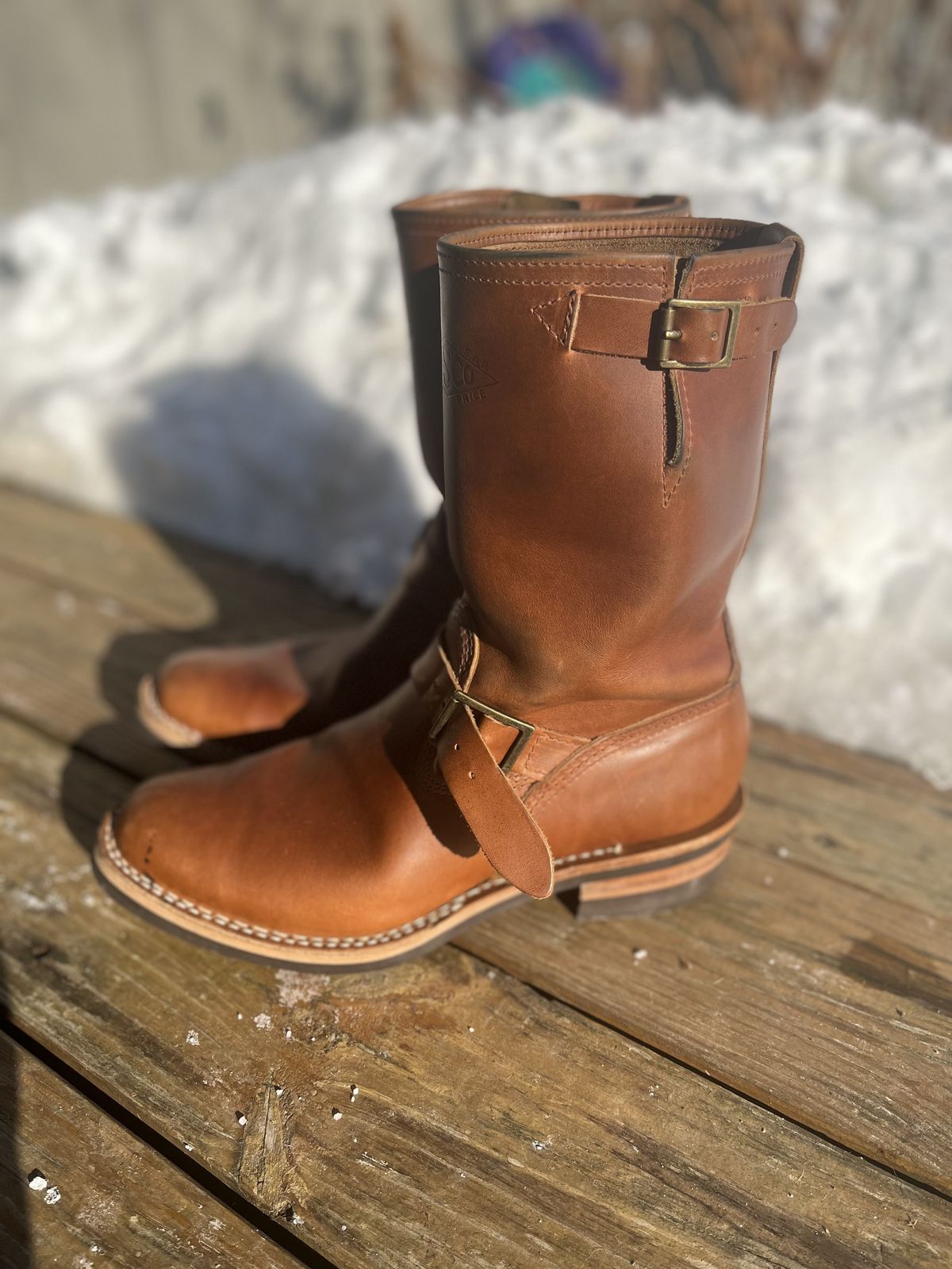 Photo by patinathunderdome on February 5, 2022 of the Wesco Boss Engineer Boot in Seidel British Tan Domain.