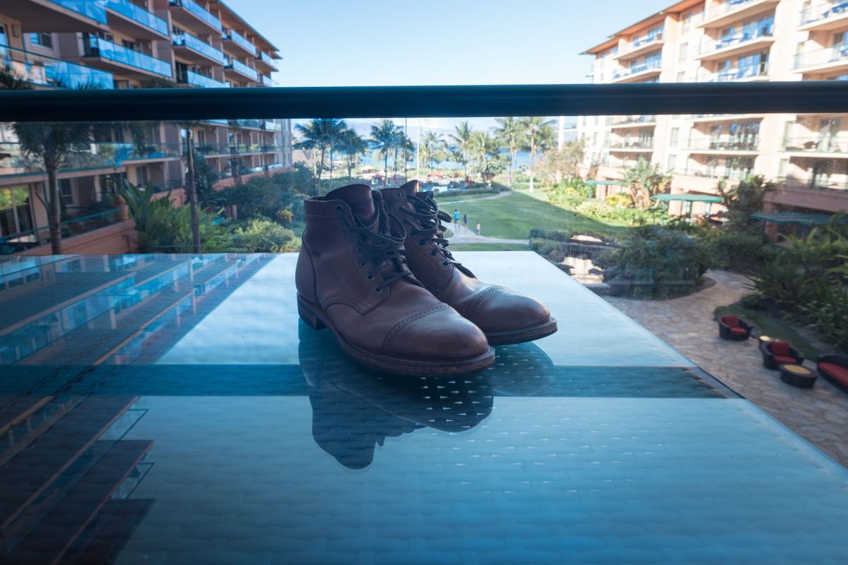 Photo by patinathunderdome on November 1, 2021 of the Viberg Service Boot in Horween Natural Chromexcel.