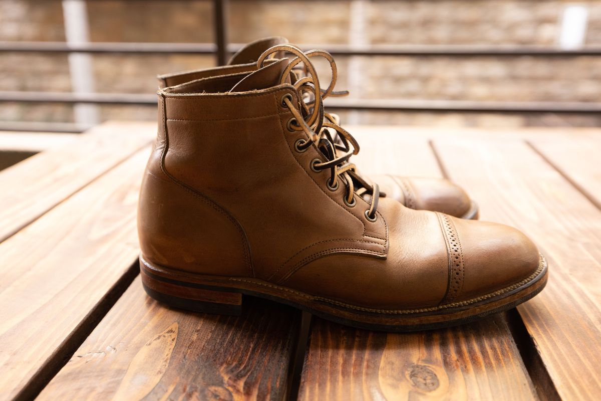 Photo by patinathunderdome on November 1, 2021 of the Viberg Service Boot in Horween Natural Chromexcel.