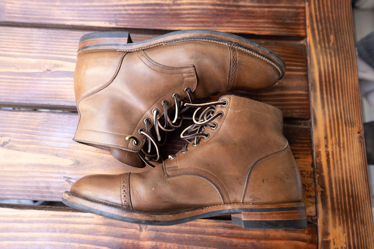 Photo by patinathunderdome on November 1, 2021 of the Viberg Service Boot in Horween Natural Chromexcel.