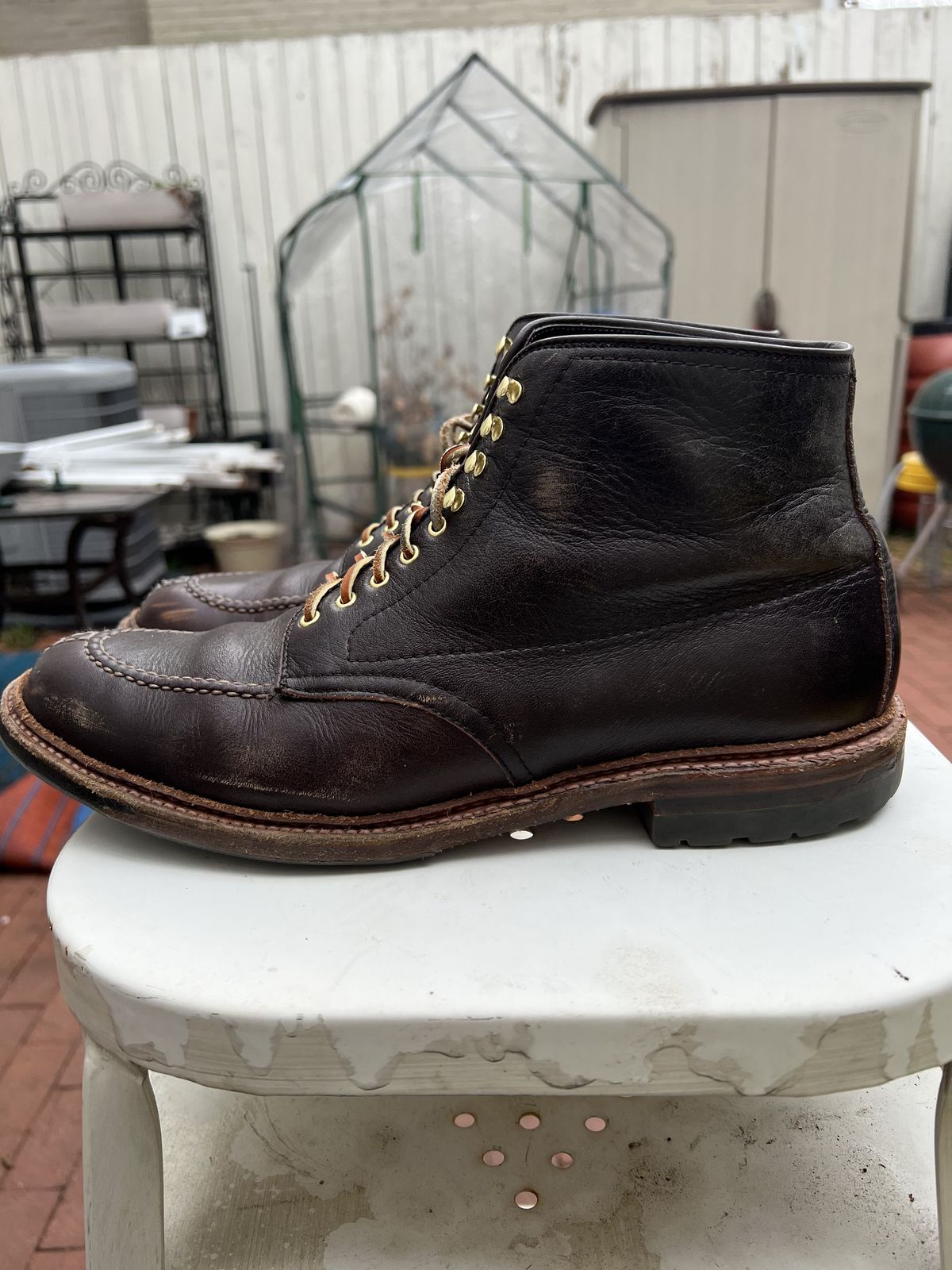 Photo by patinathunderdome on April 1, 2022 of the Alden Tanker Boot in Horween Arabica Lux Calfskin.