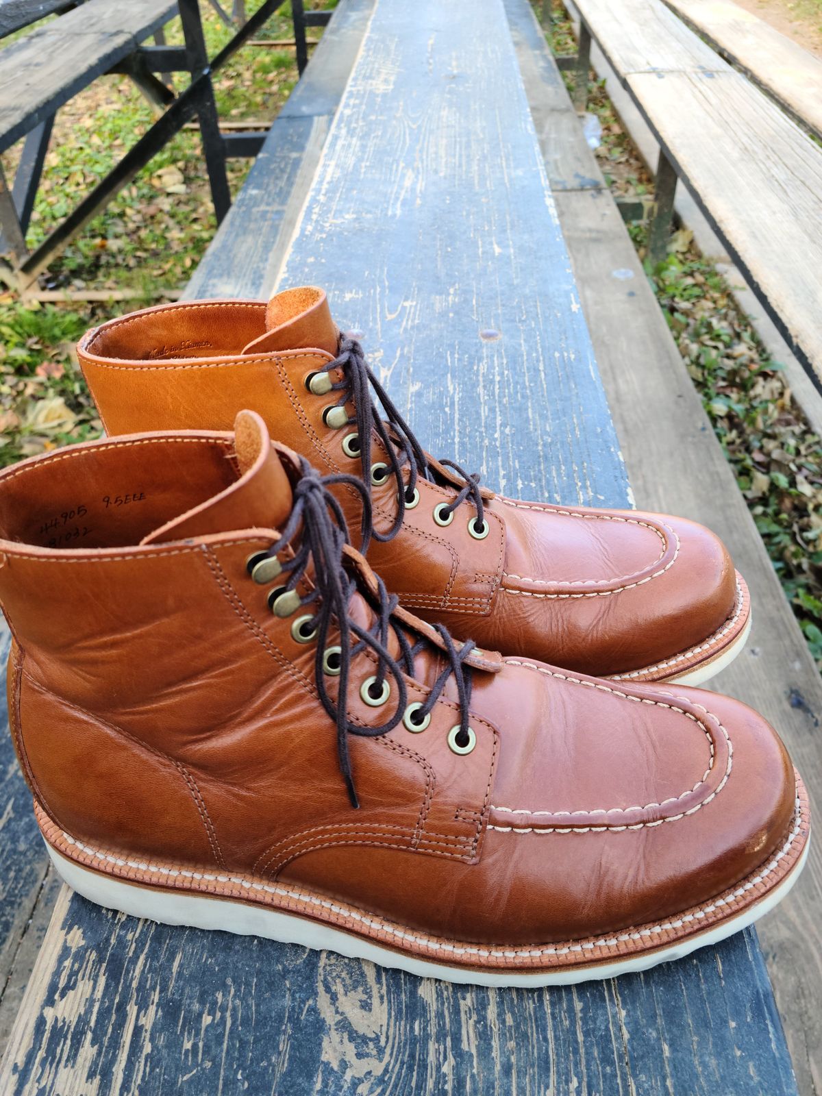 Photo by patinathunderdome on December 5, 2021 of the Grant Stone Brass Boot in Badalassi Carlo Saddle Tan Minerva.