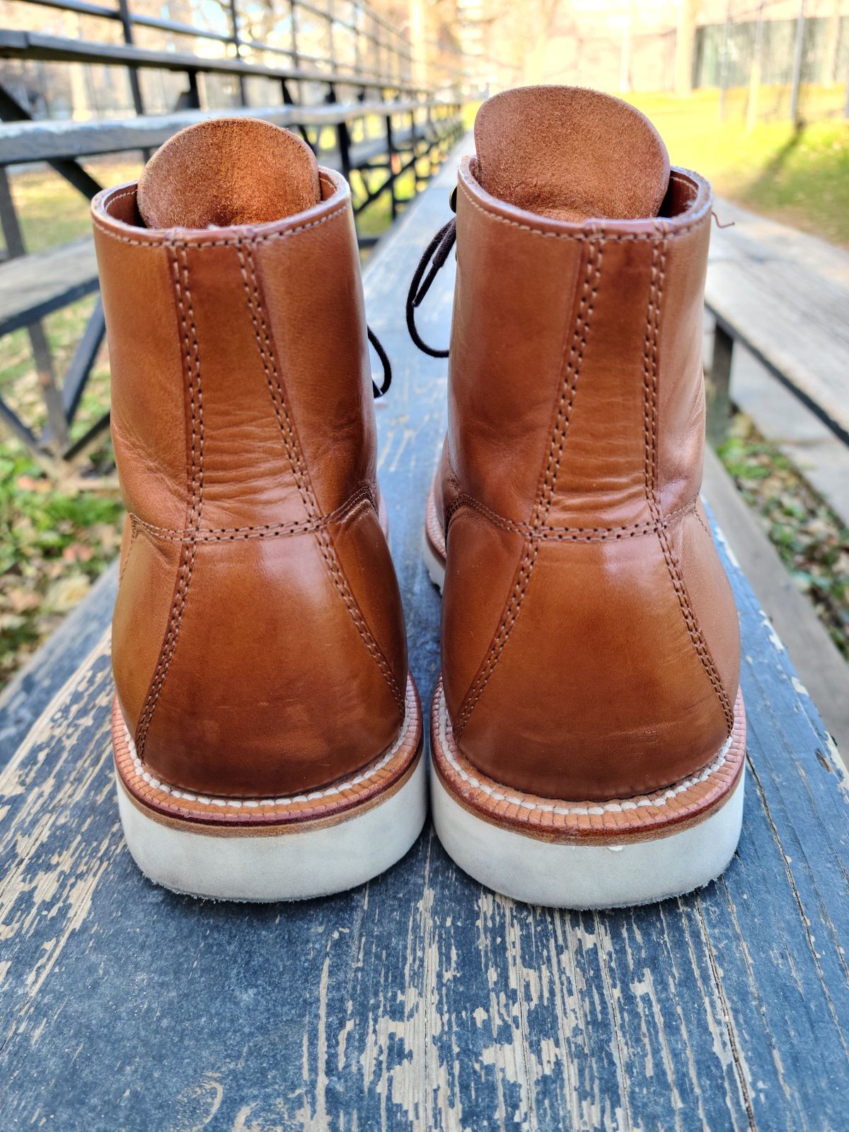 Photo by patinathunderdome on December 5, 2021 of the Grant Stone Brass Boot in Badalassi Carlo Saddle Tan Minerva.