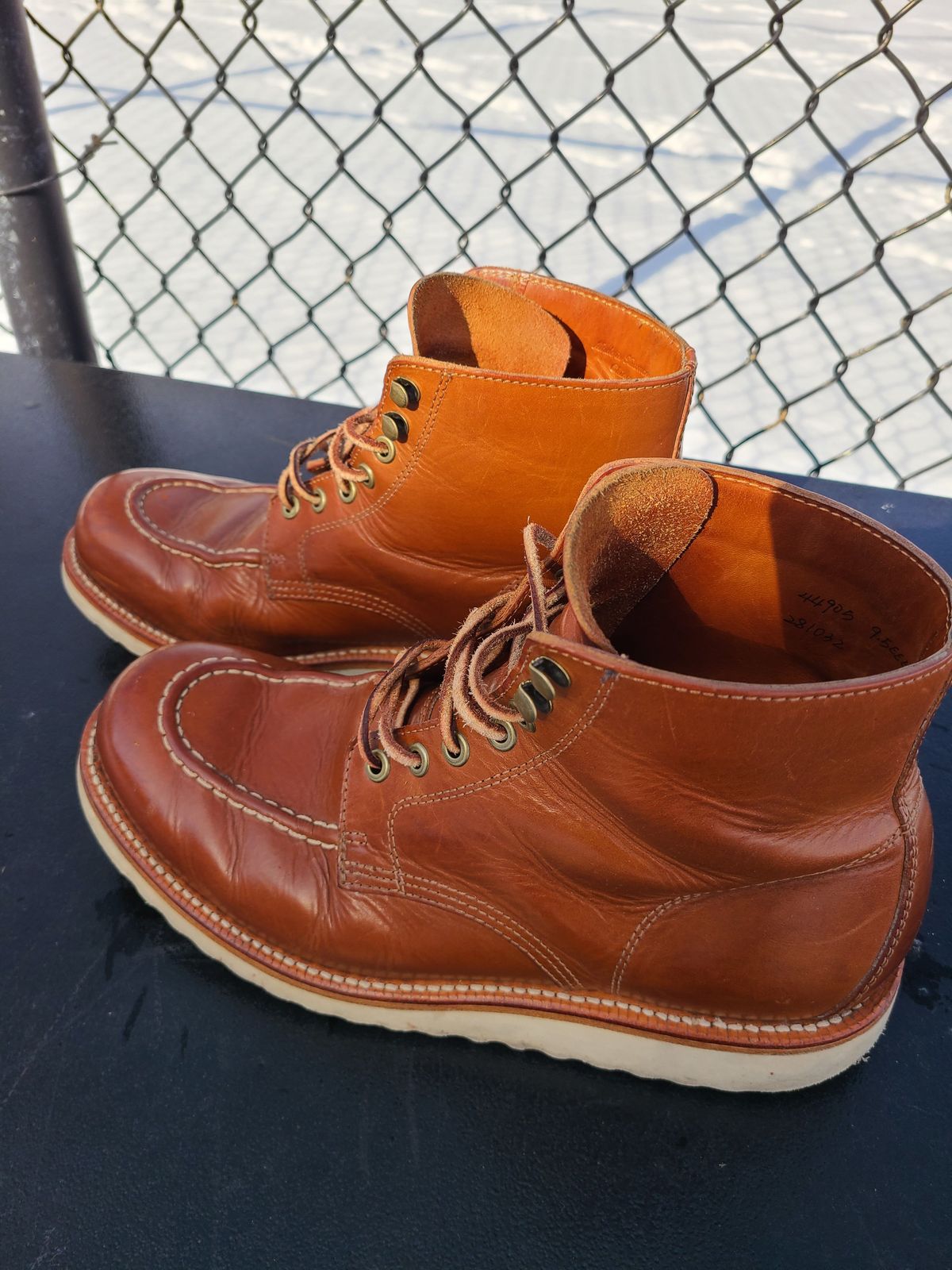 Photo by patinathunderdome on February 5, 2022 of the Grant Stone Brass Boot in Badalassi Carlo Saddle Tan Minerva.