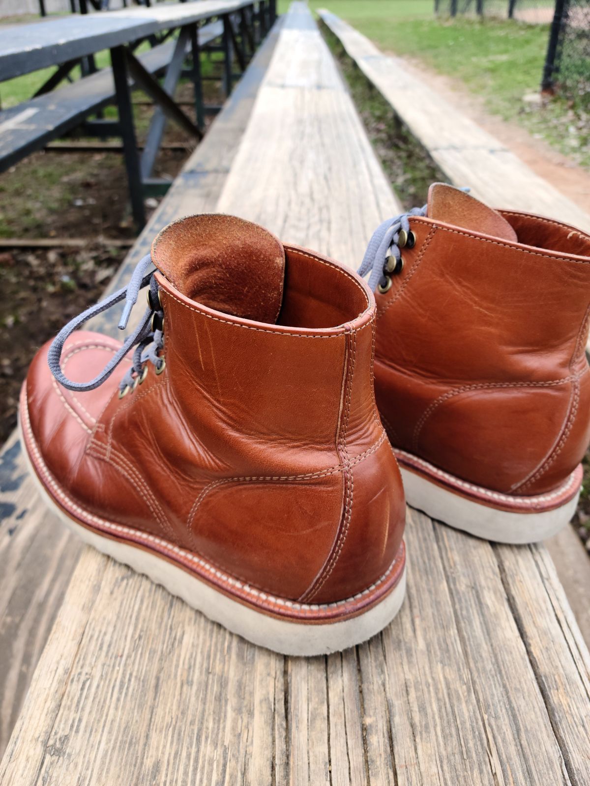 Photo by patinathunderdome on April 3, 2022 of the Grant Stone Brass Boot in Badalassi Carlo Saddle Tan Minerva.