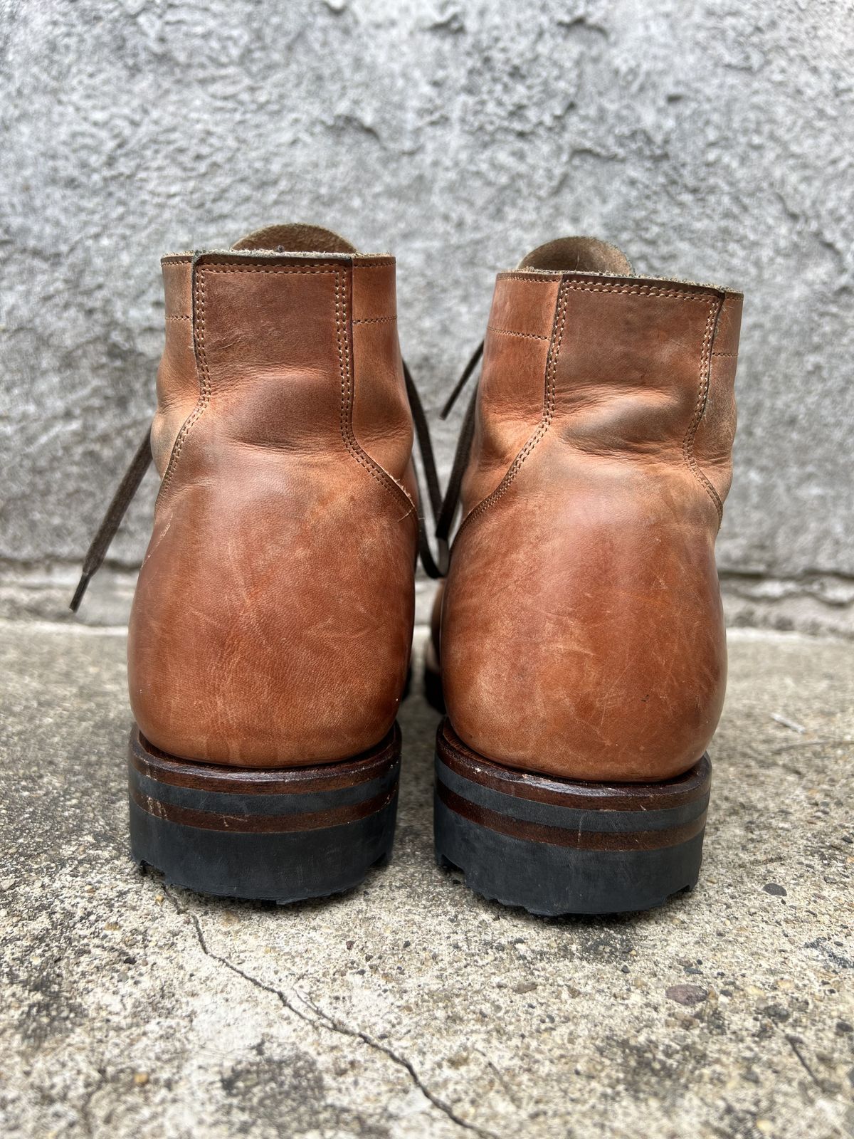 Photo by patinathunderdome on November 2, 2021 of the Viberg Service Boot in Maryam Used Cuoio Vitello Calf.