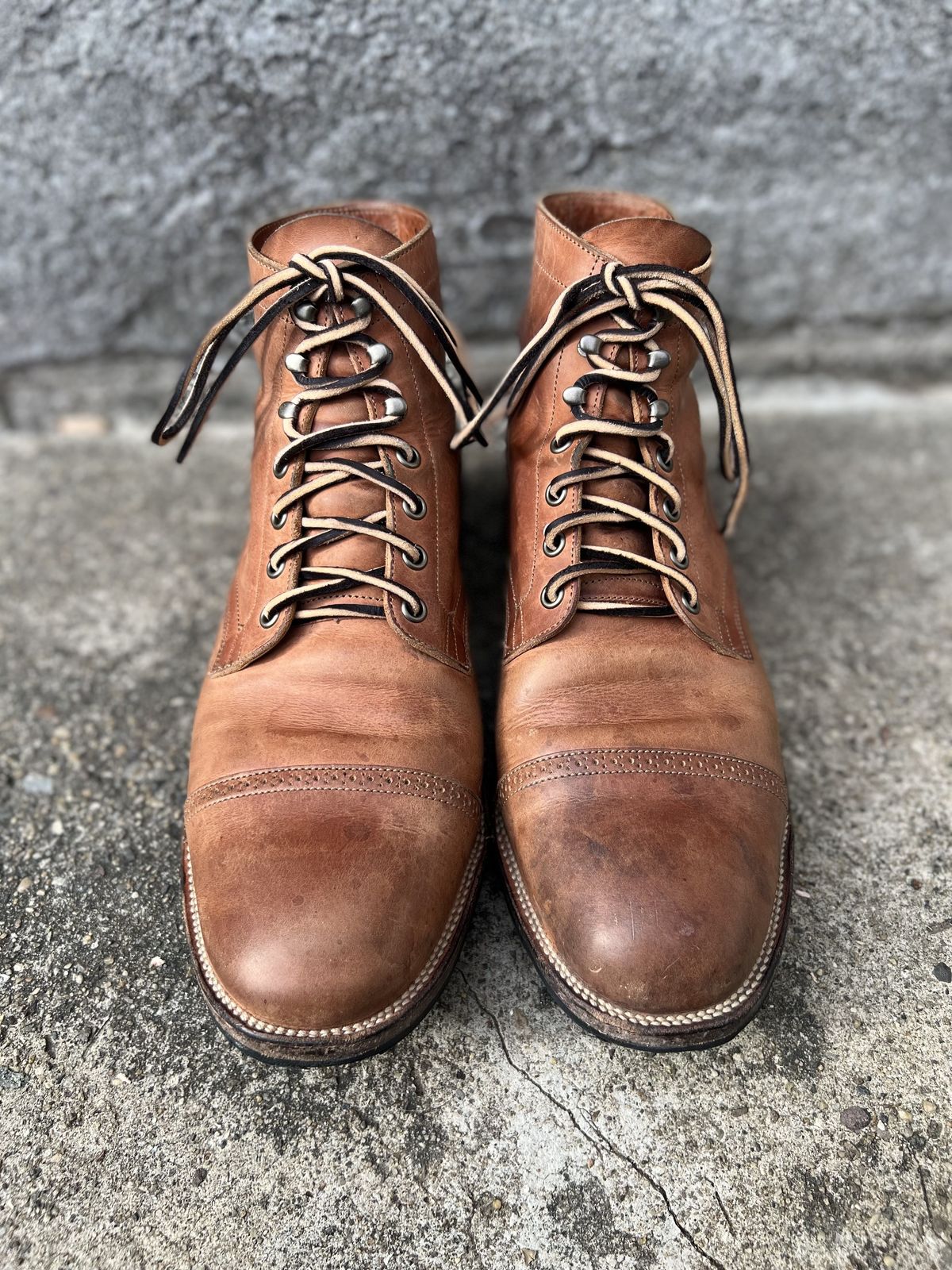 Photo by patinathunderdome on December 4, 2021 of the Viberg Service Boot in Maryam Used Cuoio Vitello Calf.