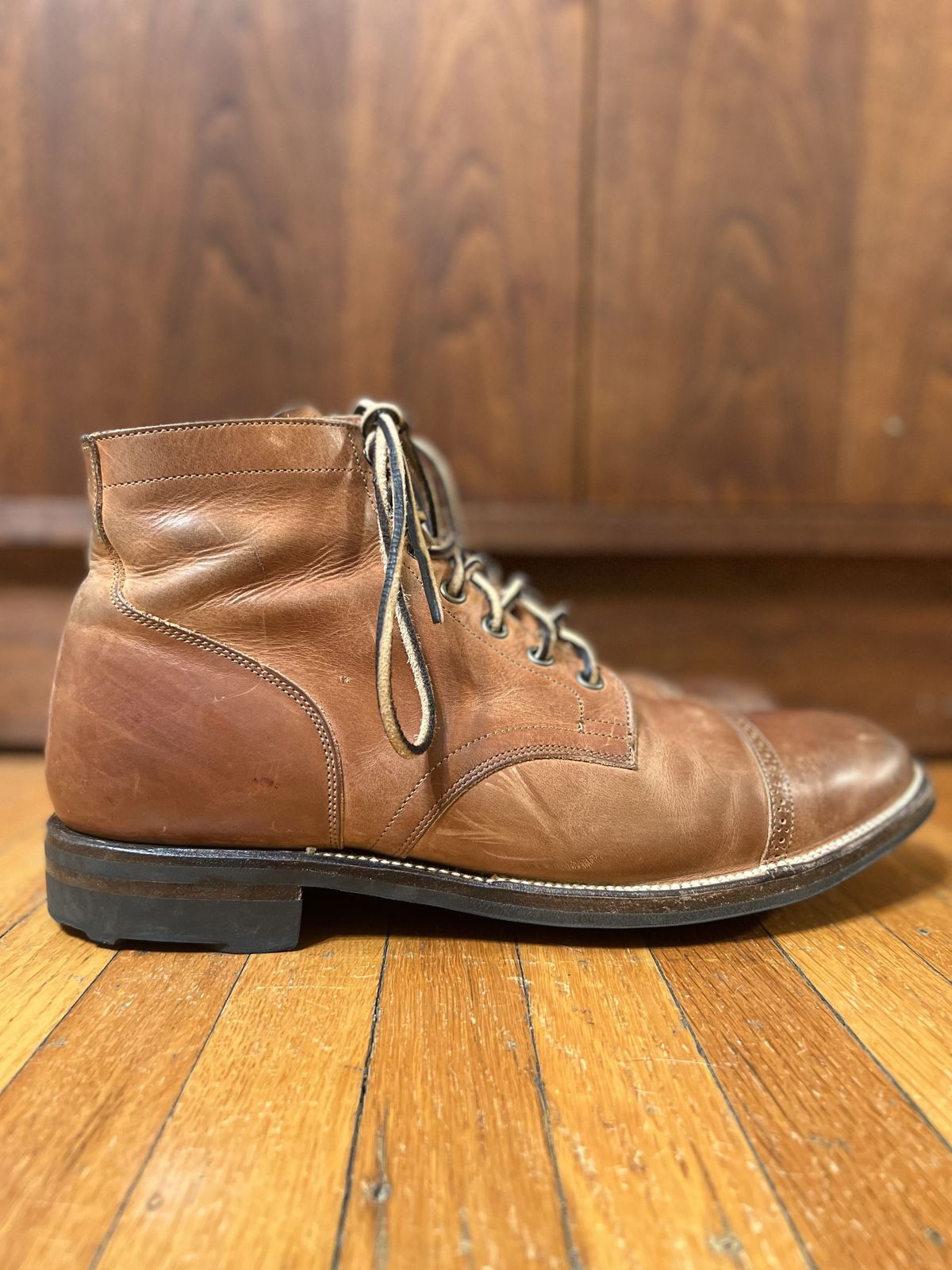 Photo by patinathunderdome on January 4, 2022 of the Viberg Service Boot in Maryam Used Cuoio Vitello Calf.