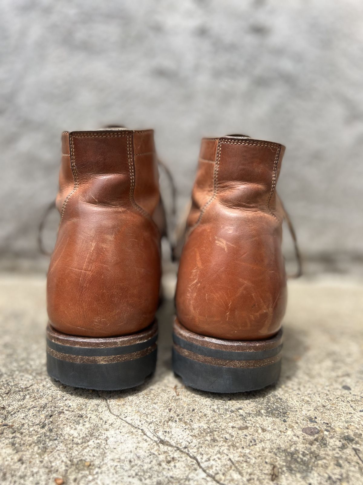 Photo by patinathunderdome on May 5, 2022 of the Viberg Service Boot in Maryam Used Cuoio Vitello Calf.