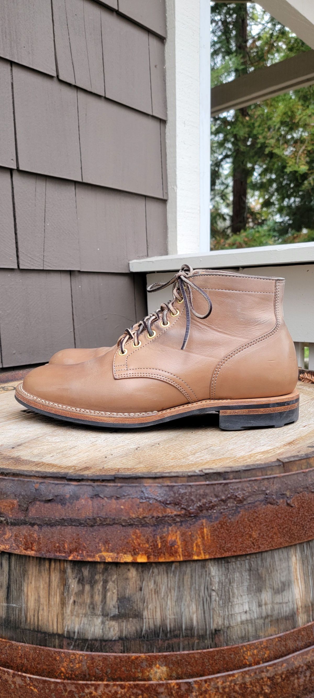 Photo by patinathunderdome on December 3, 2021 of the Viberg Service Boot in Maryam Light Grey Horsebutt.