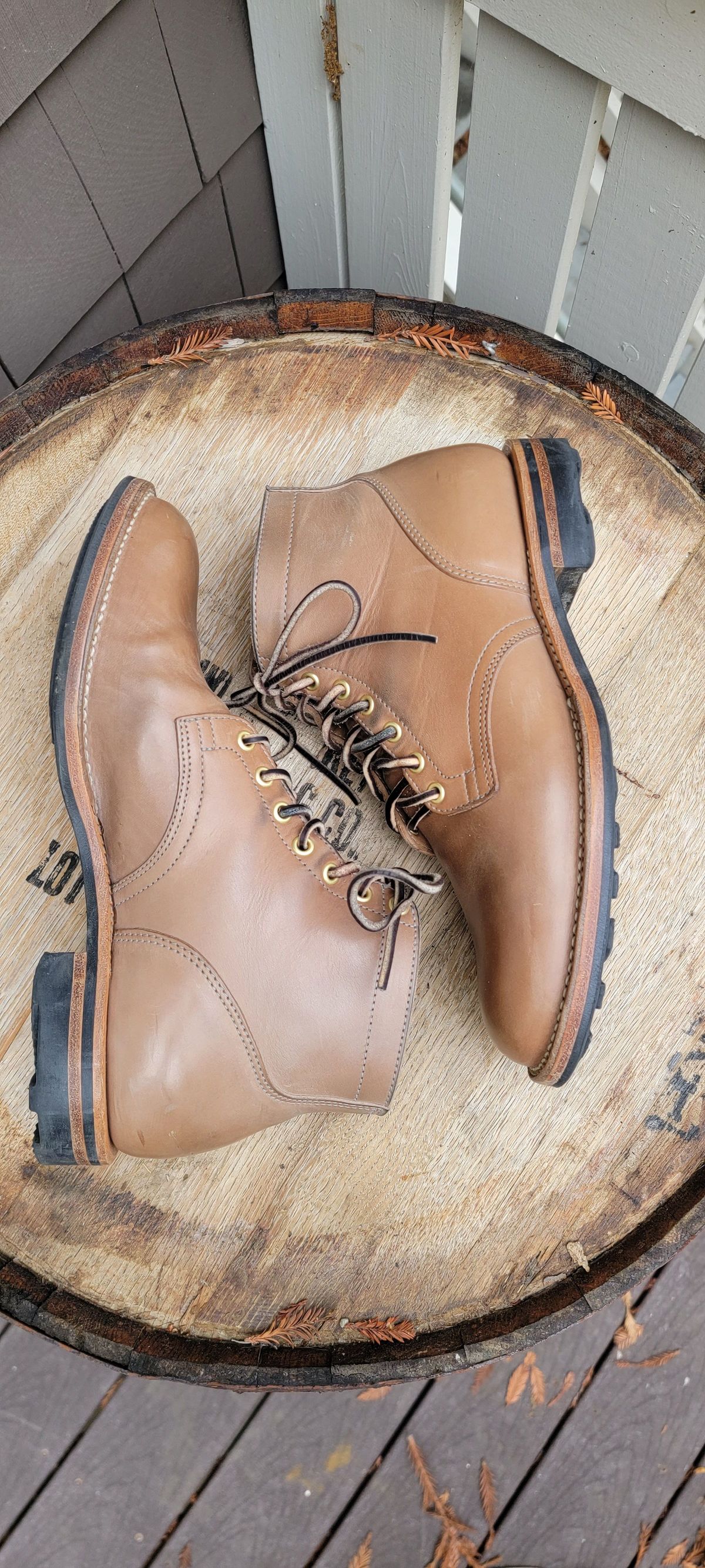 Photo by patinathunderdome on December 3, 2021 of the Viberg Service Boot in Maryam Light Grey Horsebutt.