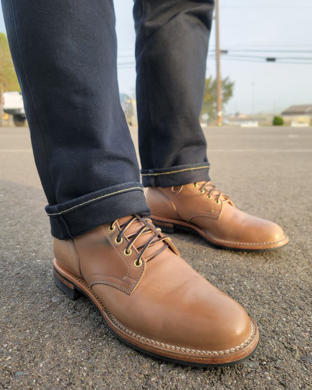 Photo by patinathunderdome on December 3, 2021 of the Viberg Service Boot in Maryam Light Grey Horsebutt.
