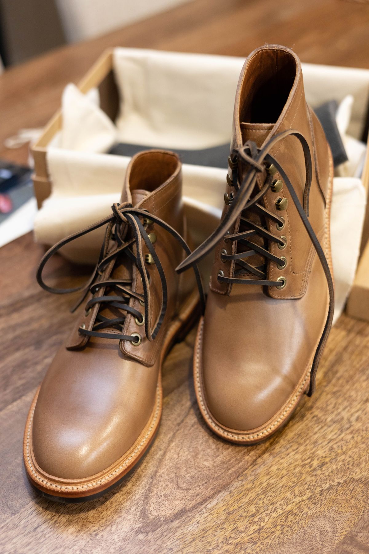Photo by patinathunderdome on November 3, 2021 of the Grant Stone Diesel Boot in Horween Dune Chromexcel.