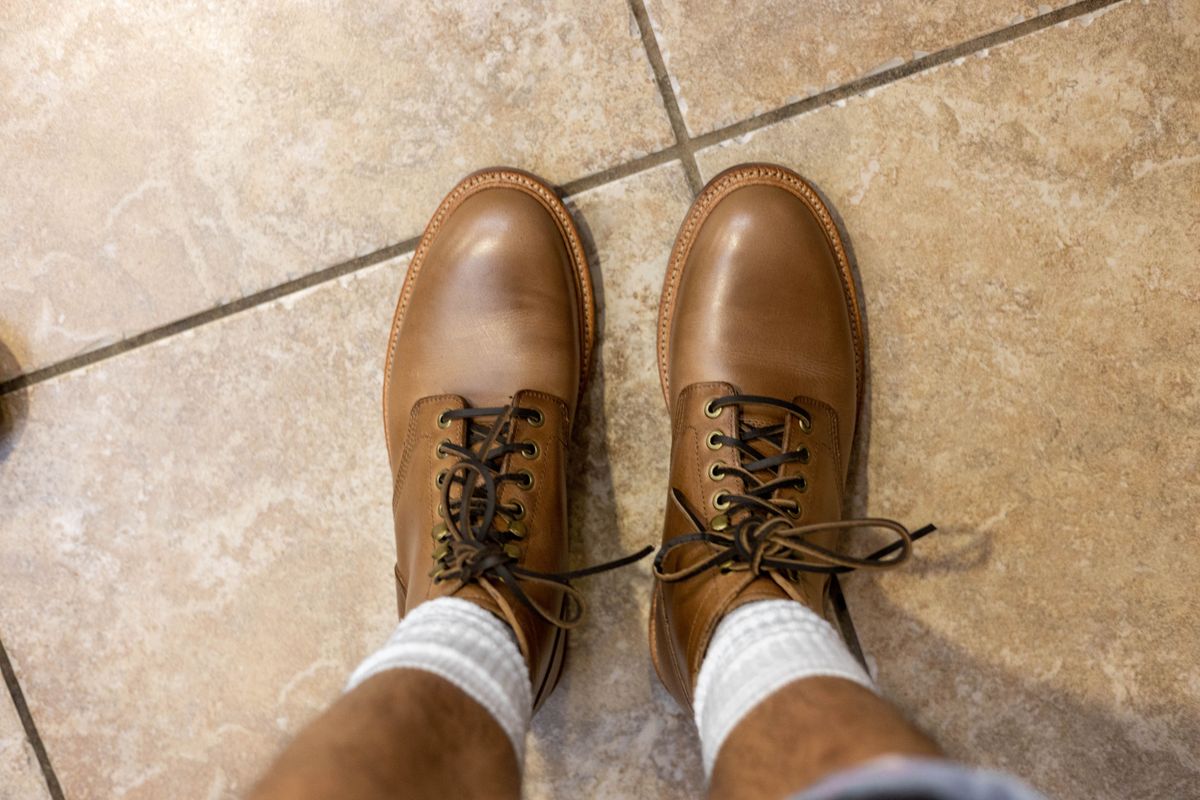 Photo by patinathunderdome on November 3, 2021 of the Grant Stone Diesel Boot in Horween Dune Chromexcel.