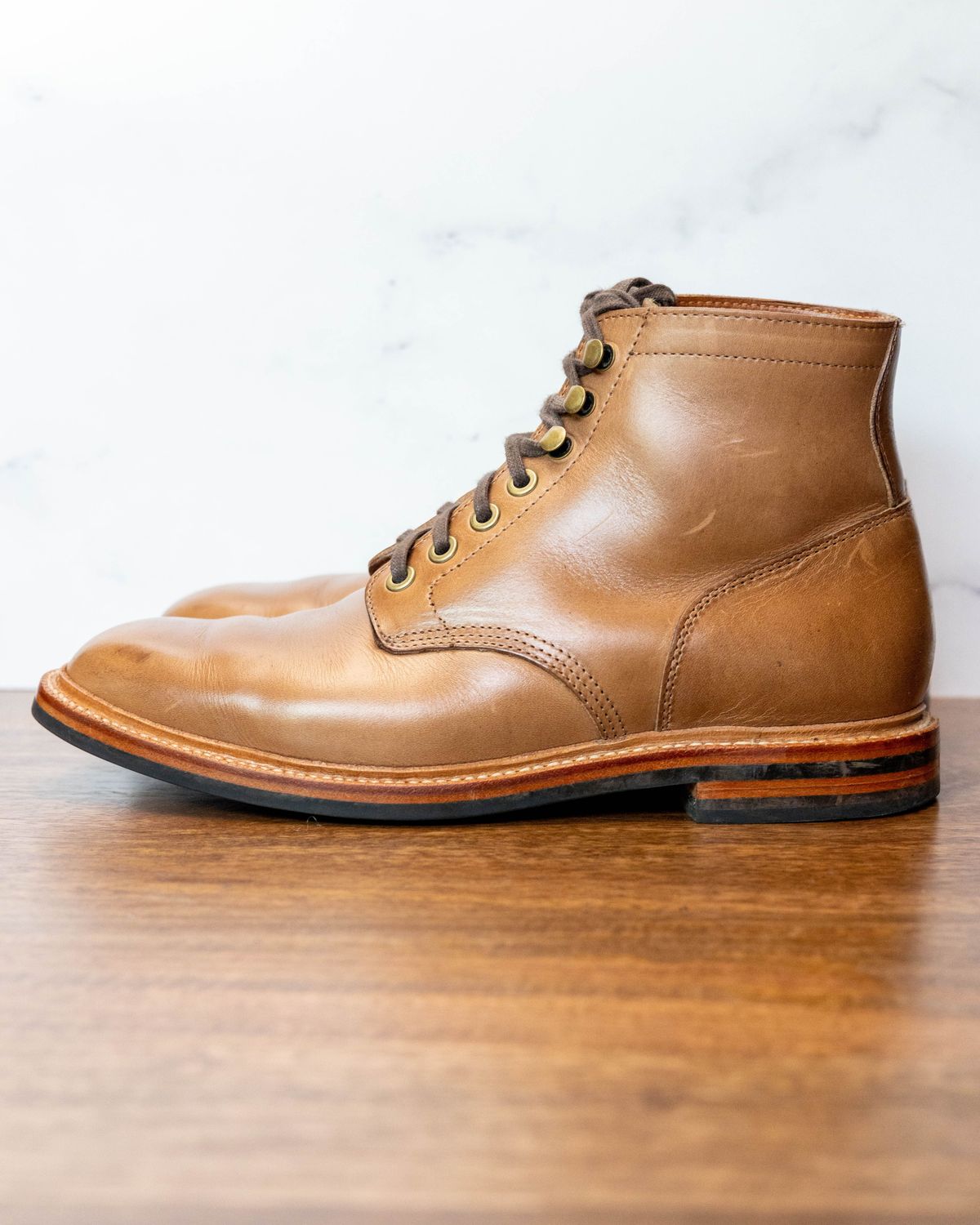 Photo by patinathunderdome on December 2, 2021 of the Grant Stone Diesel Boot in Horween Dune Chromexcel.