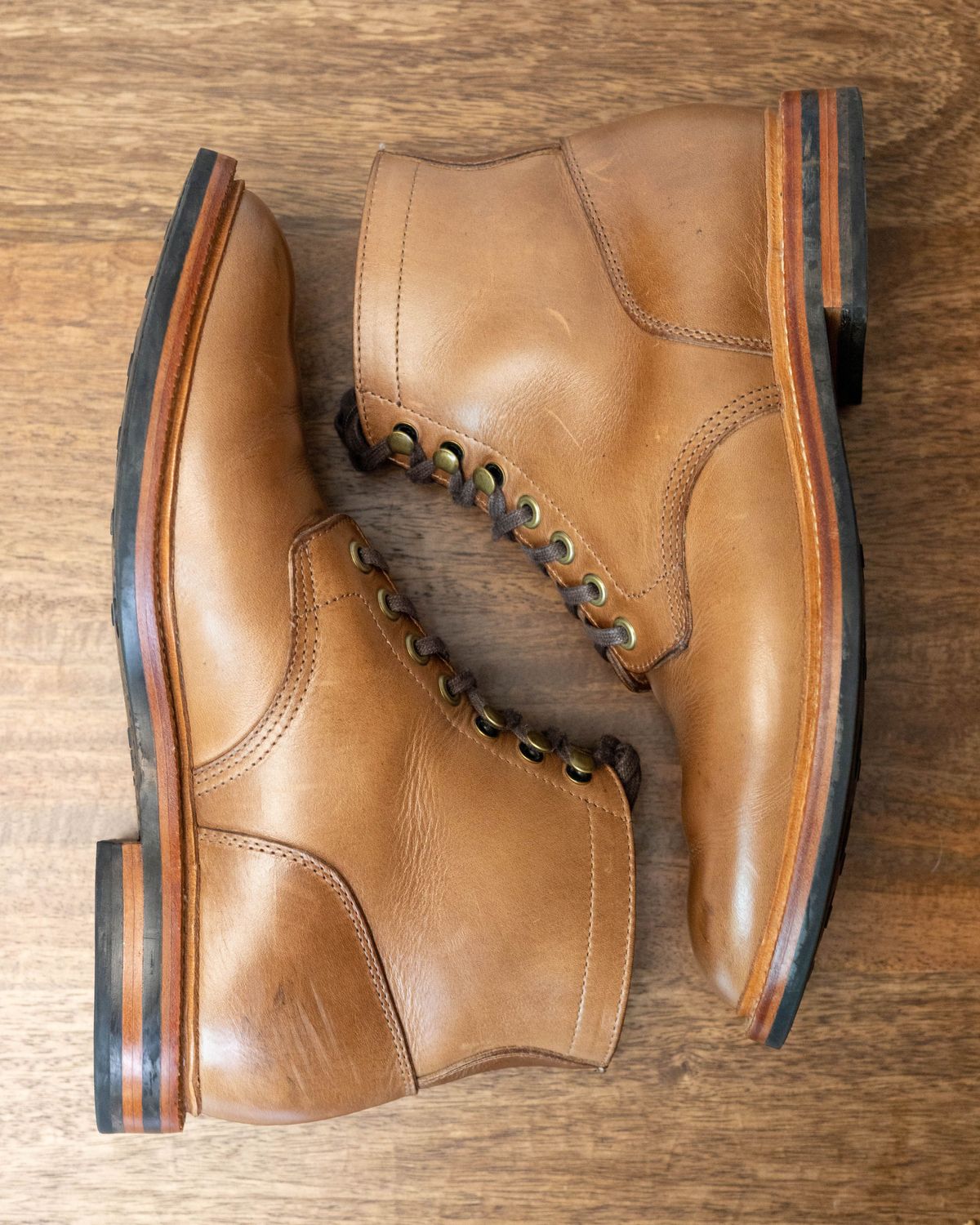 Photo by patinathunderdome on December 2, 2021 of the Grant Stone Diesel Boot in Horween Dune Chromexcel.