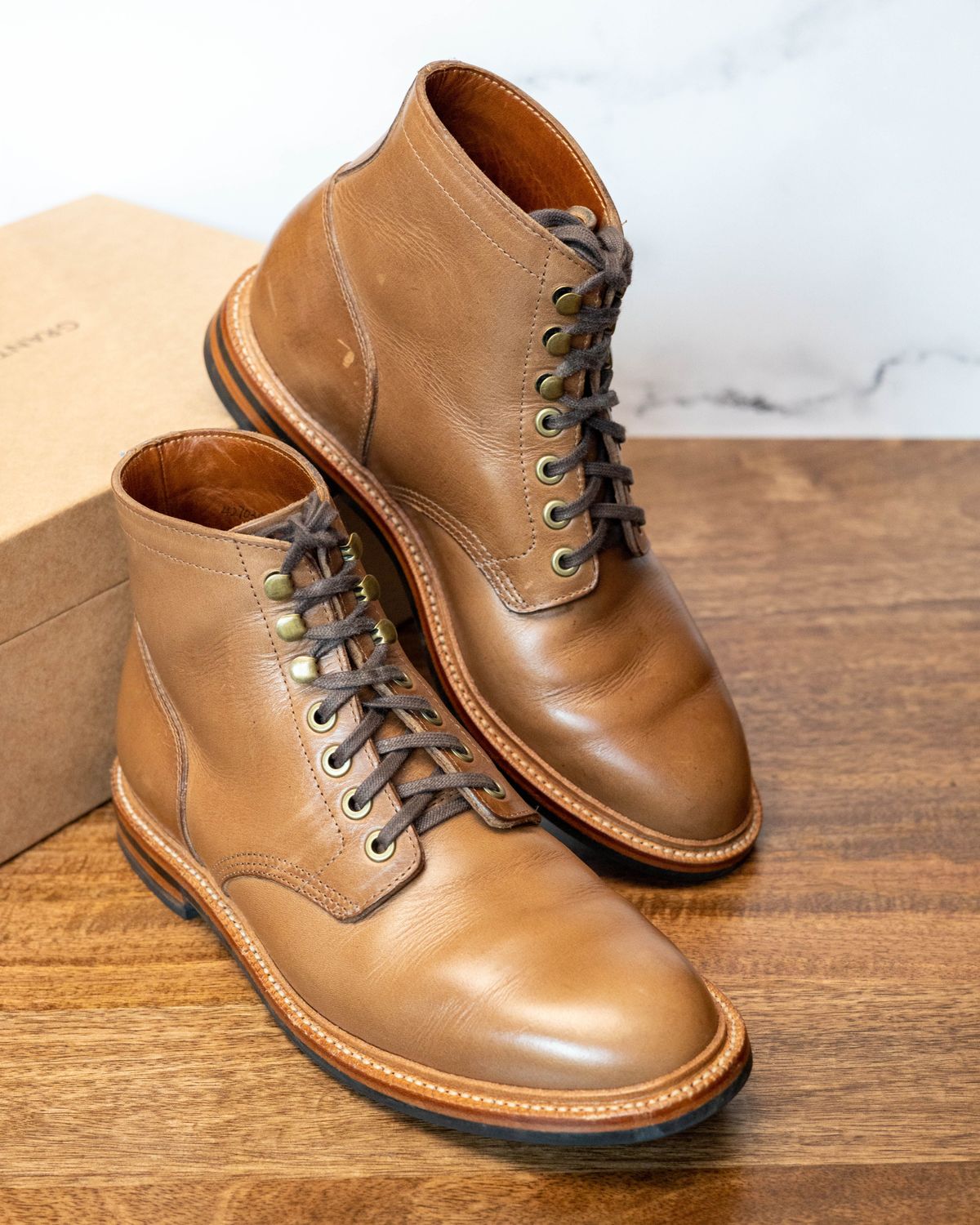 Photo by patinathunderdome on December 2, 2021 of the Grant Stone Diesel Boot in Horween Dune Chromexcel.