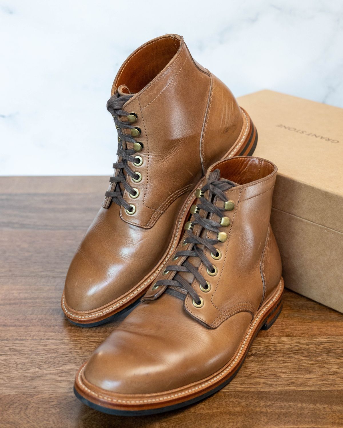 Photo by patinathunderdome on December 2, 2021 of the Grant Stone Diesel Boot in Horween Dune Chromexcel.