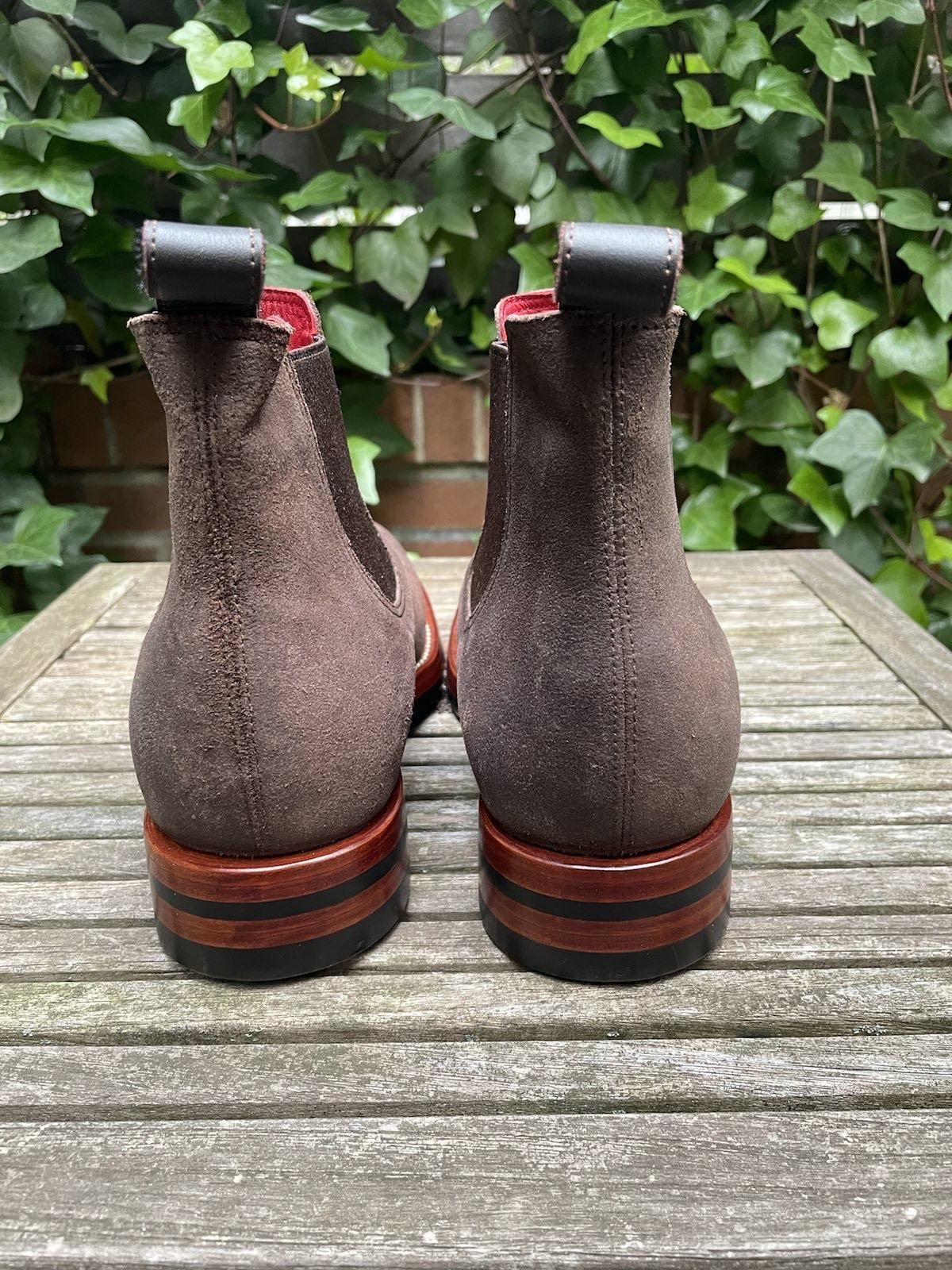 Photo by patinathunderdome on November 5, 2021 of the Benzein The Seventh Chelsea Boot in Horween Dark Brown Waxed Flesh.