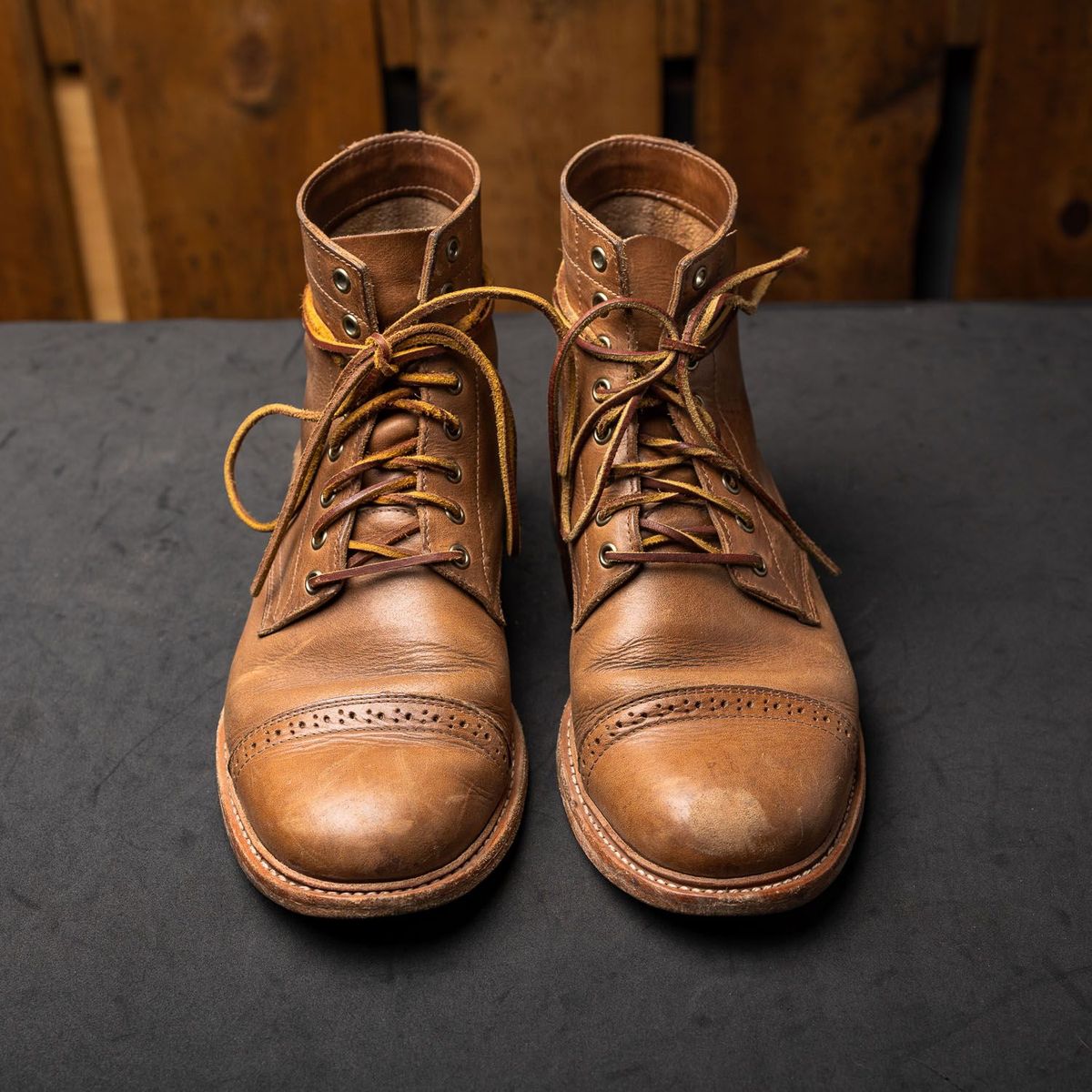 Photo by patinathunderdome on December 3, 2021 of the Oak Street Bootmakers Trench Boot in Horween Natural Chromexcel.