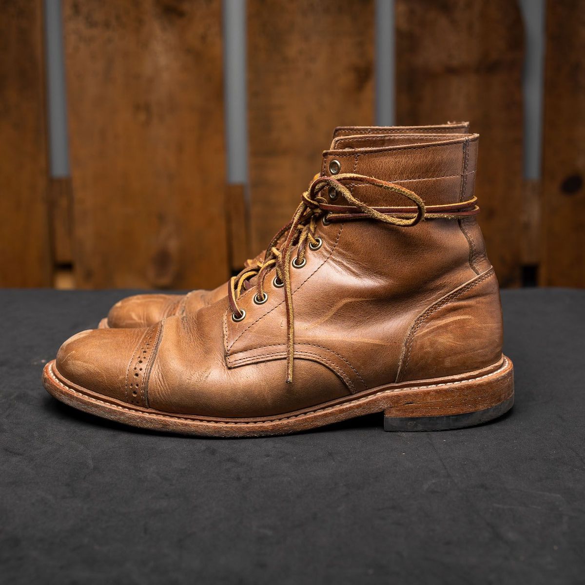Photo by patinathunderdome on December 3, 2021 of the Oak Street Bootmakers Trench Boot in Horween Natural Chromexcel.