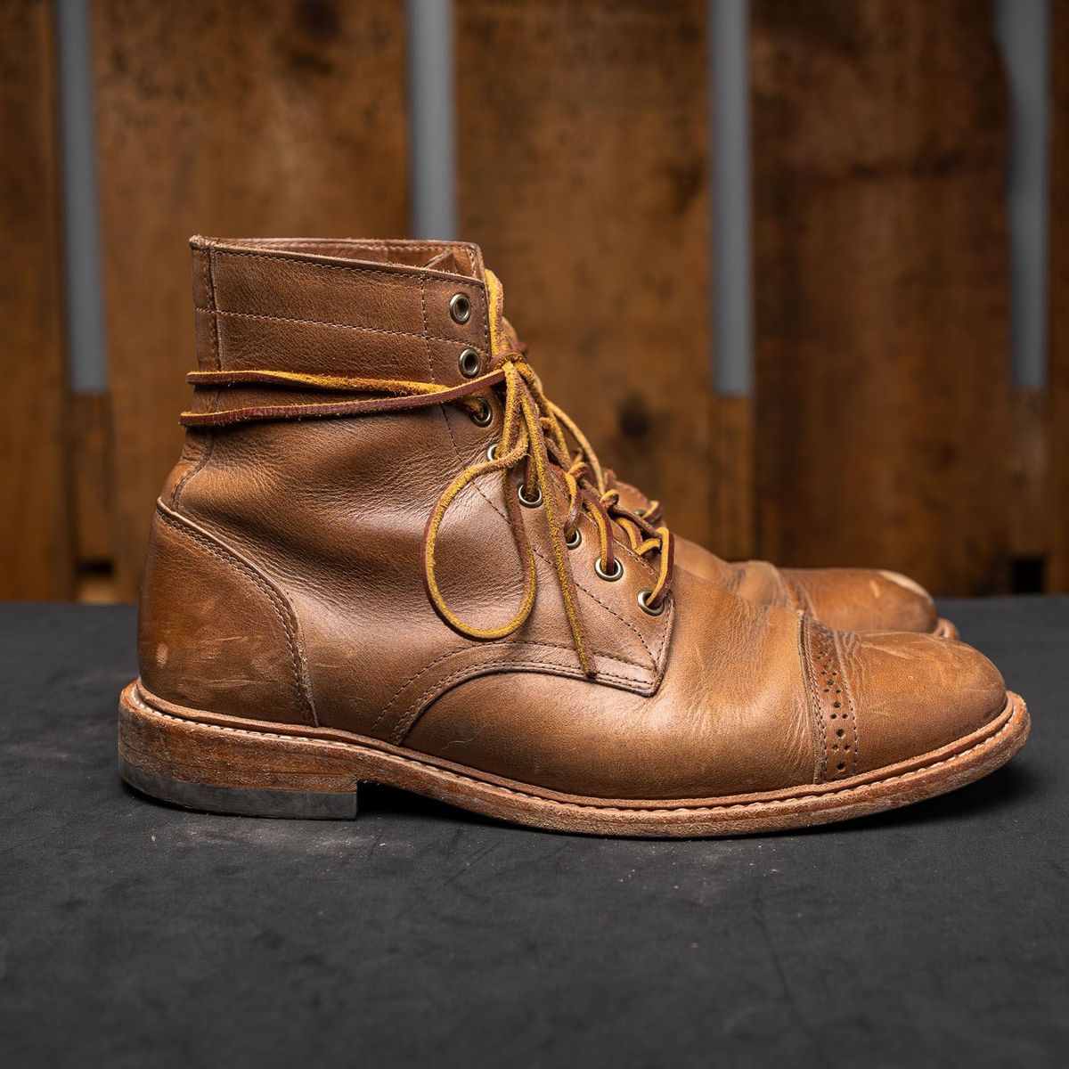Photo by patinathunderdome on December 3, 2021 of the Oak Street Bootmakers Trench Boot in Horween Natural Chromexcel.