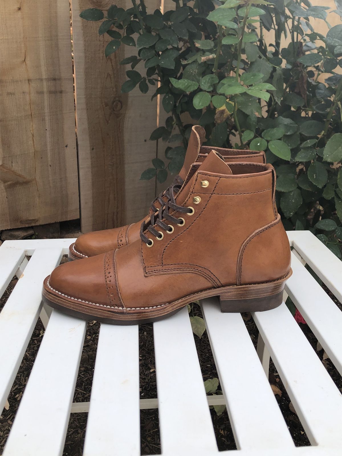 Photo by patinathunderdome on October 5, 2021 of the Santalum Service Boot in Tarnsjo Garveri Brown Veg-Tanned Tooling.
