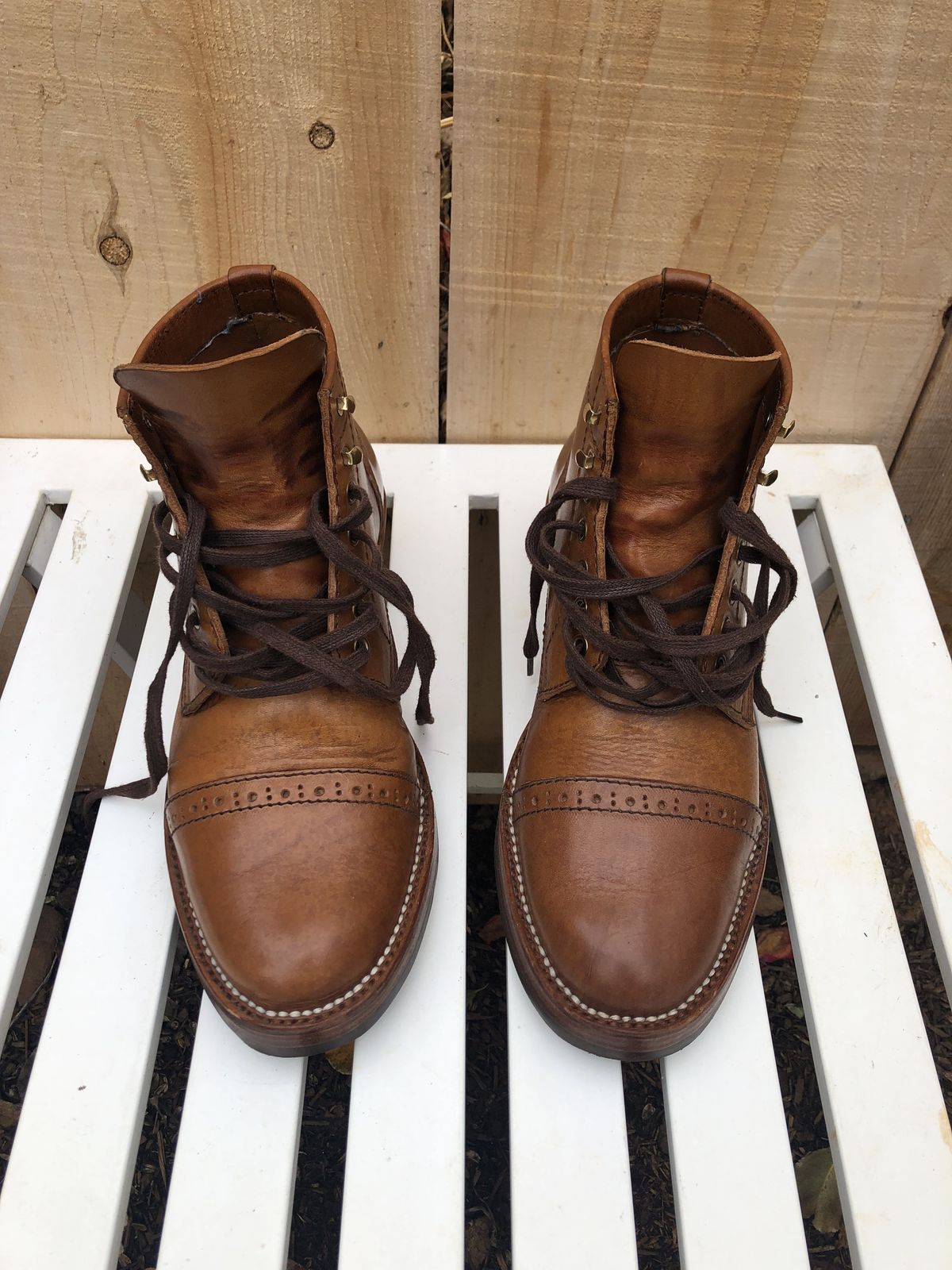 Photo by patinathunderdome on November 5, 2021 of the Santalum Service Boot in Tarnsjo Garveri Brown Veg-Tanned Tooling.