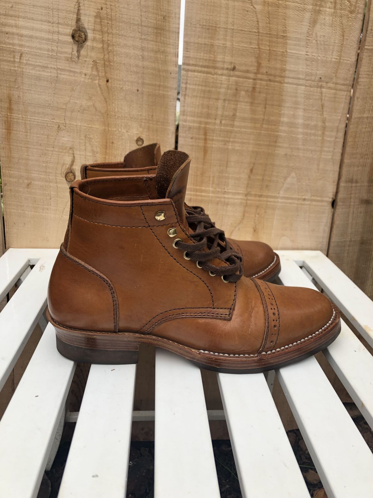Photo by patinathunderdome on November 5, 2021 of the Santalum Service Boot in Tarnsjo Garveri Brown Veg-Tanned Tooling.